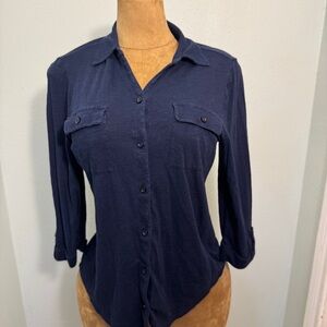 Chico’s Button Up Top, Dark Blue, 3/4 Sleeves, Cotton & Rayon, Sz 1 Or M/8